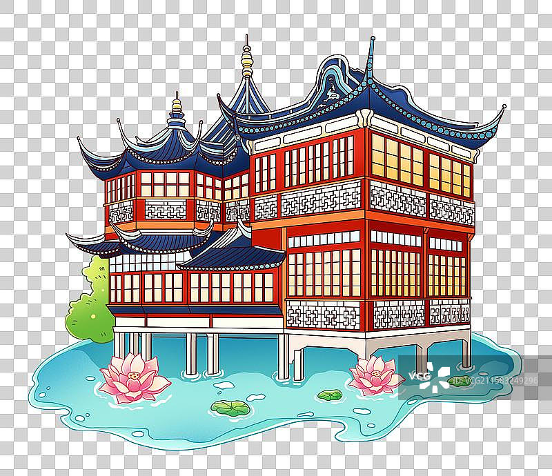 国风上海豫园建筑插画元素图片素材