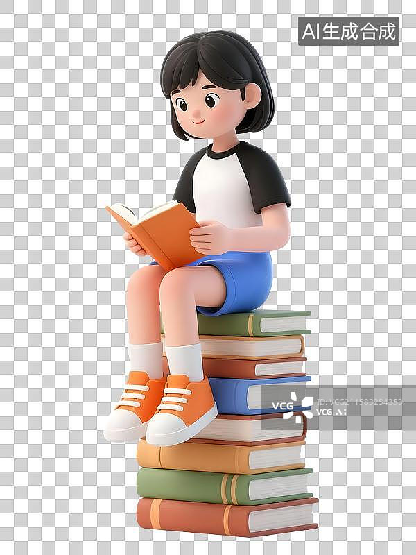 【AI数字艺术】坐在一摞书上阅读读书的女孩图片素材