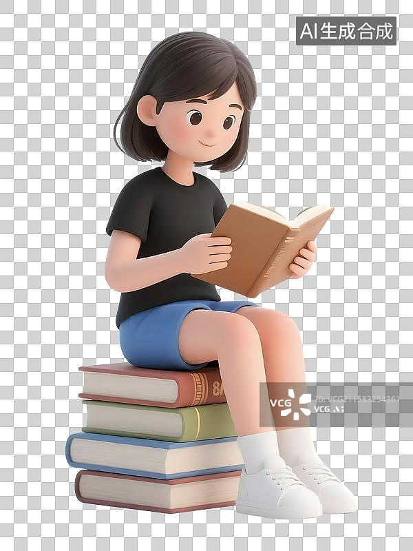 【AI数字艺术】坐在一摞书上阅读读书的女孩图片素材