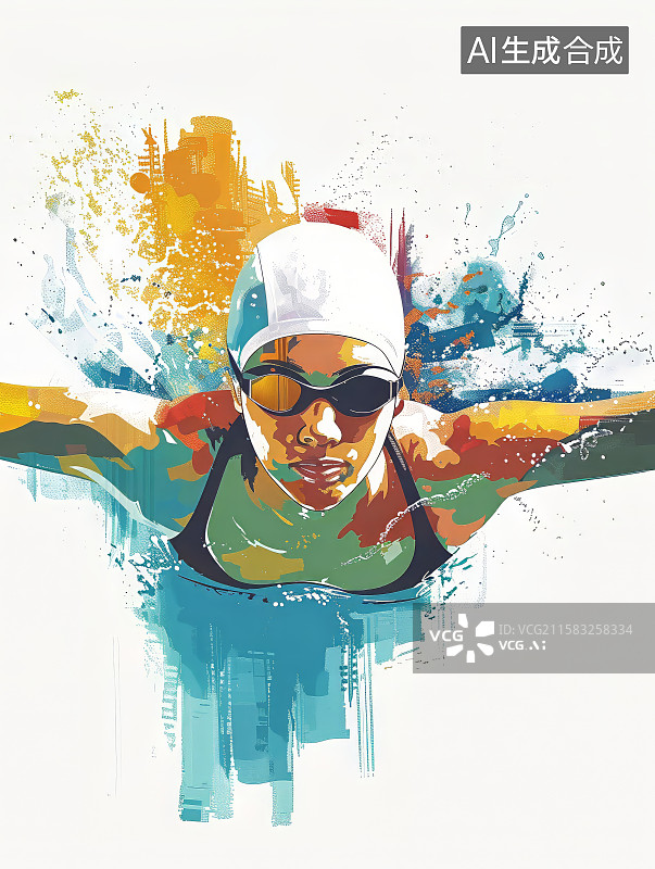 【AI数字艺术】一位游泳运动健将在游泳的特写卡通插画图片素材