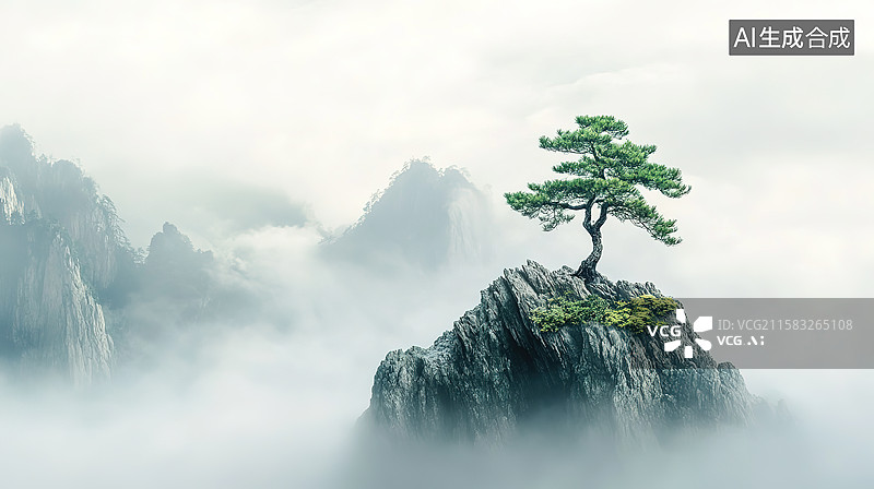 【AI数字艺术】中式山间云雾背景下的一颗奇松图片素材