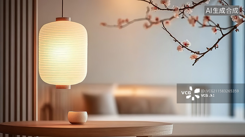 【AI数字艺术】极简中式酒店客房里的茶饮休息空间图片素材