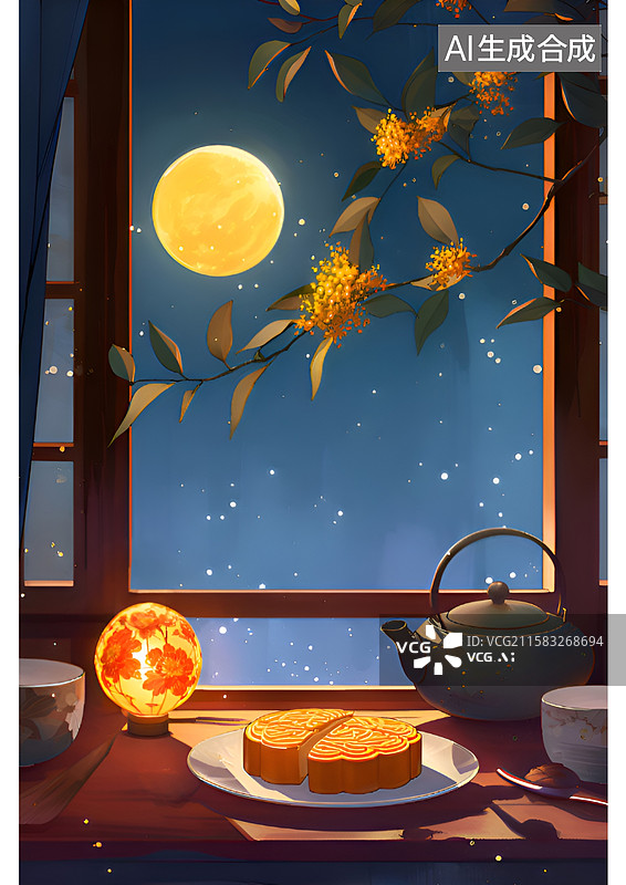【AI数字艺术】中秋节月亮月饼灯笼桂花茶壶插画图片素材