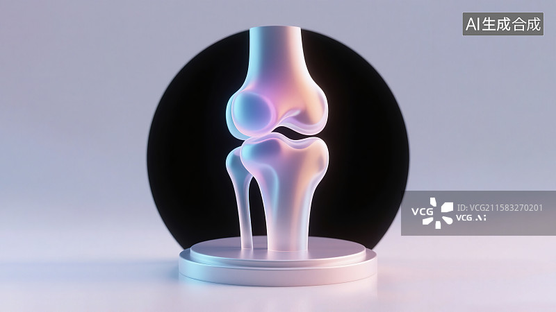 【AI数字艺术】人体膝关节 3D圆形底座展示台医学教学骨科科普解剖构造关节炎半月板运动健康康复三维立体半透明磨砂玻璃图片素材