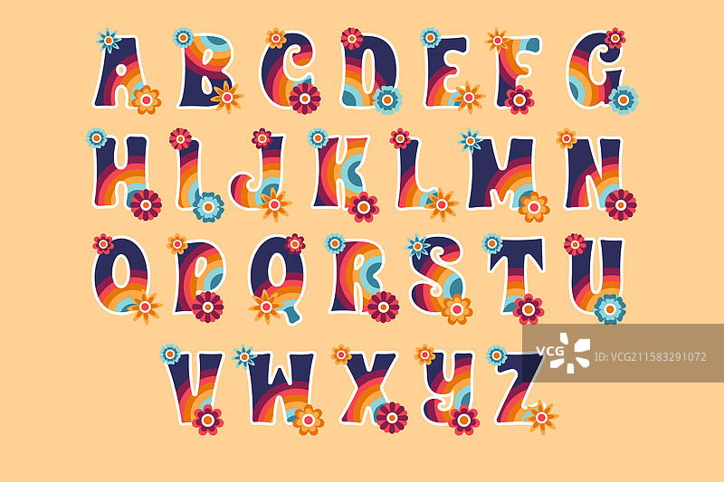 60年代风格的多彩花卉字母表图片素材