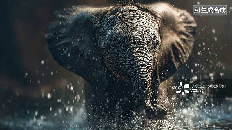 【AI数字艺术】小象在水中嬉戏的瞬间图片素材