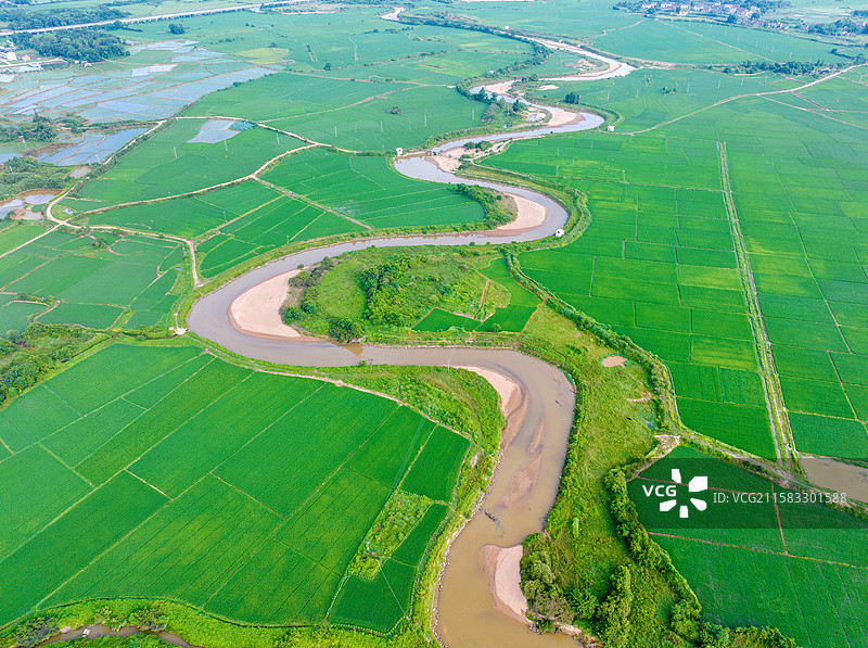 江西省抚州市金溪县绿色稻田，河流、灌渠，水稻晚稻翻绿浪，生态河道，农业灌溉，粮食生产，生态水系，良田图片素材