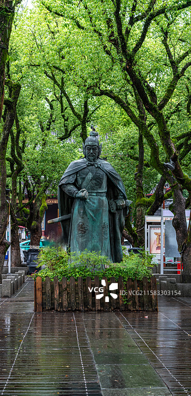 杭州岳王庙前雨中的岳飞铜像雕塑塑像图片素材
