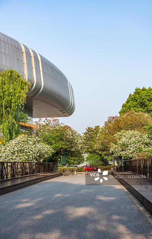 上海汽车博览公园夹竹桃花背景中的上海汽车博物馆建筑一角与汽车道路背景图图片素材