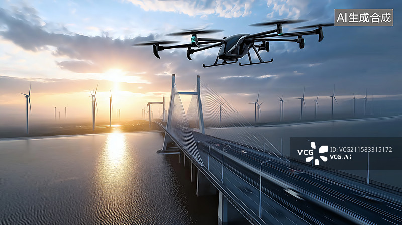 【AI数字艺术】未来交通：无人机飞越桥梁，拥抱绿色能源图片素材