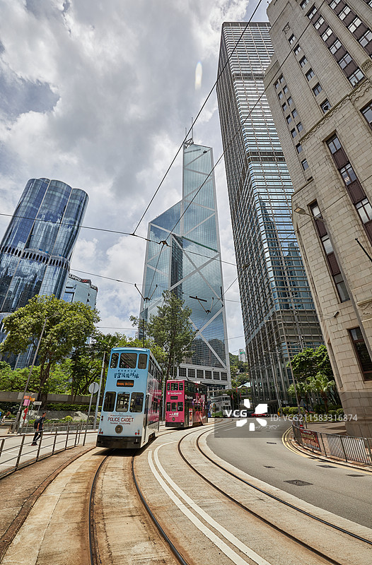 中国香港中环街道风景叮叮车轨道交通城市风光中银大厦图片素材