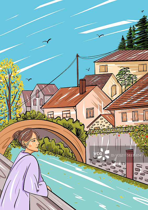 女孩秋日田园乡村赏景图片素材