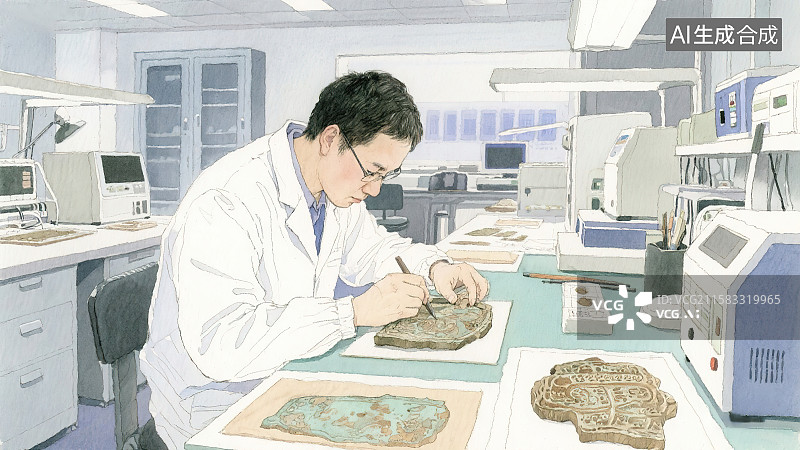 【AI数字艺术】一位文物修复师考古研究人员实验室专注认真场景展示手绘速写水彩插图绘画 工作台上专业设备仪器照明灯具图片素材
