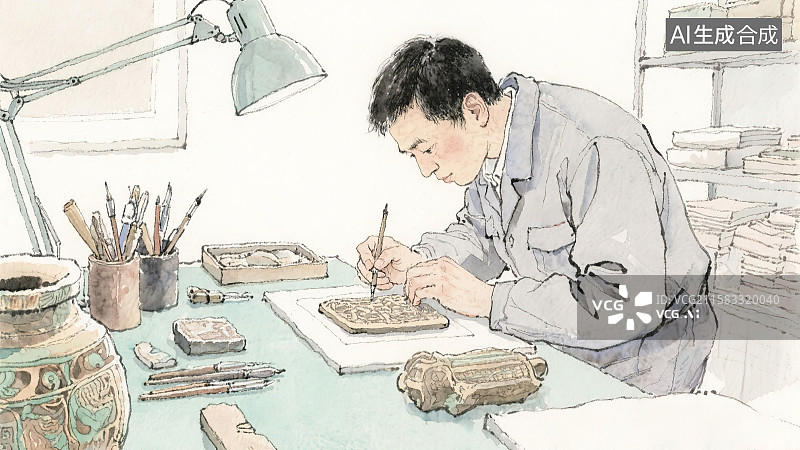 【AI数字艺术】一位老师傅文物修复师考古研究人员实验室专注认真场景展示手绘速写水彩插图绘画 工作台上专业设备工具台灯图片素材