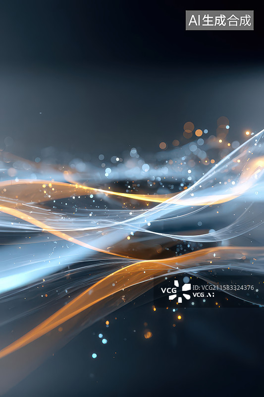 【AI数字艺术】蓝橙光带粒子流动抽象夜景图图片素材