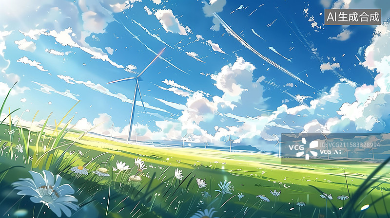 【AI数字艺术】蓝天白云下风力发电的广阔田野图片素材