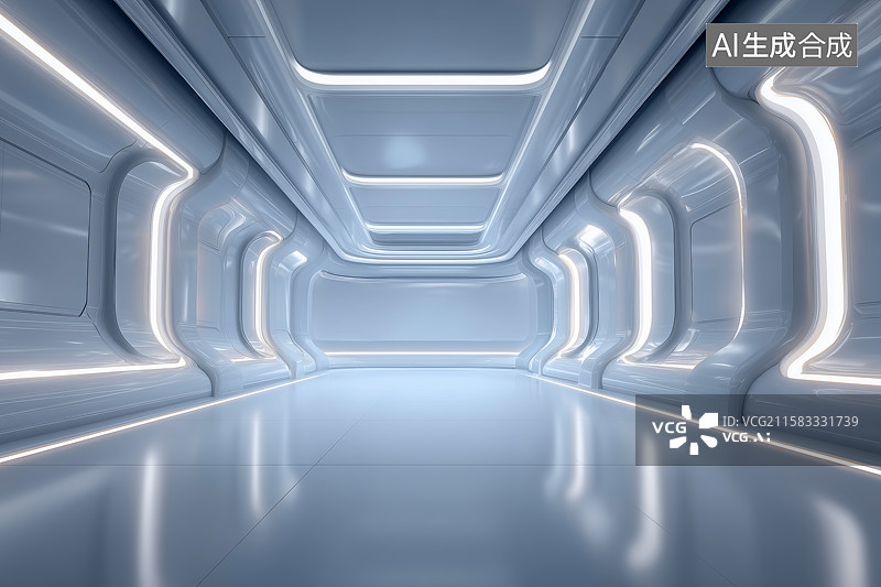 【AI数字艺术】未来感隧道：发光白色霓虹灯建筑空间图片素材