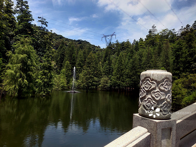 天湖、喷泉、落羽杉树林、国家AAAA级旅游景区、广州帽峰山森林公园、风光、风景、景观、自然生态图片素材