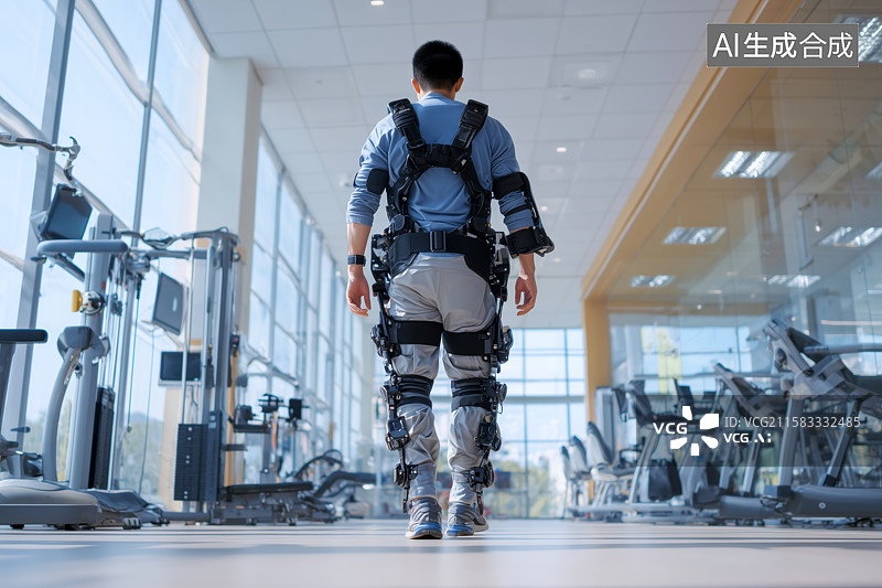 【AI数字艺术】男子在现代机器人实验室穿戴外骨骼行走图片素材