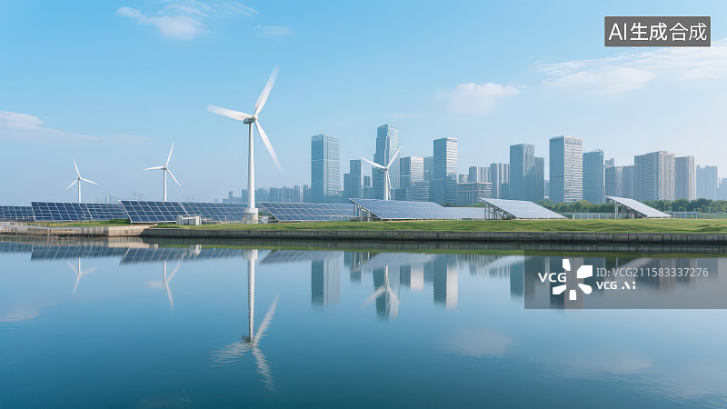 【AI数字艺术】现代化的城市建筑群背景下排列整齐的太阳能电池板和风力发电机，新能源发电场景绿色城市环保可再生清洁能源图片素材