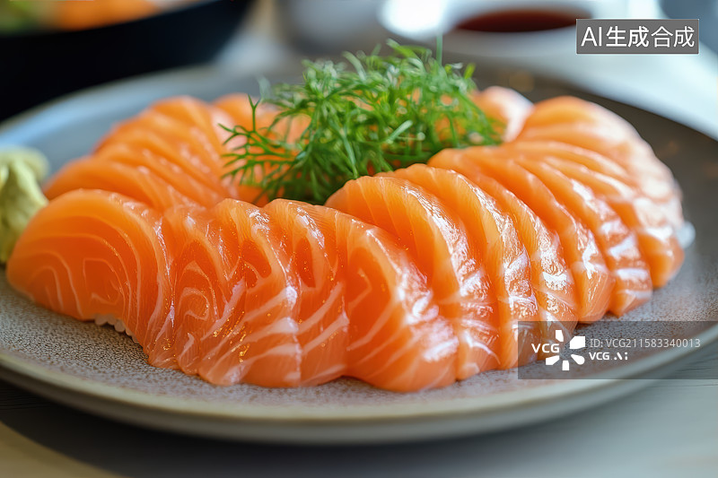 【AI数字艺术】陶瓷盘子里的三文鱼刺身图片素材