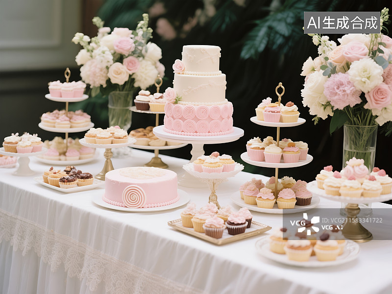 【AI数字艺术】浪漫粉金系婚礼甜品台图片素材