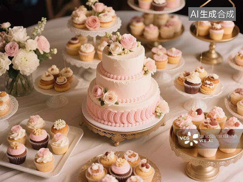 【AI数字艺术】浪漫粉金系婚礼甜品台图片素材