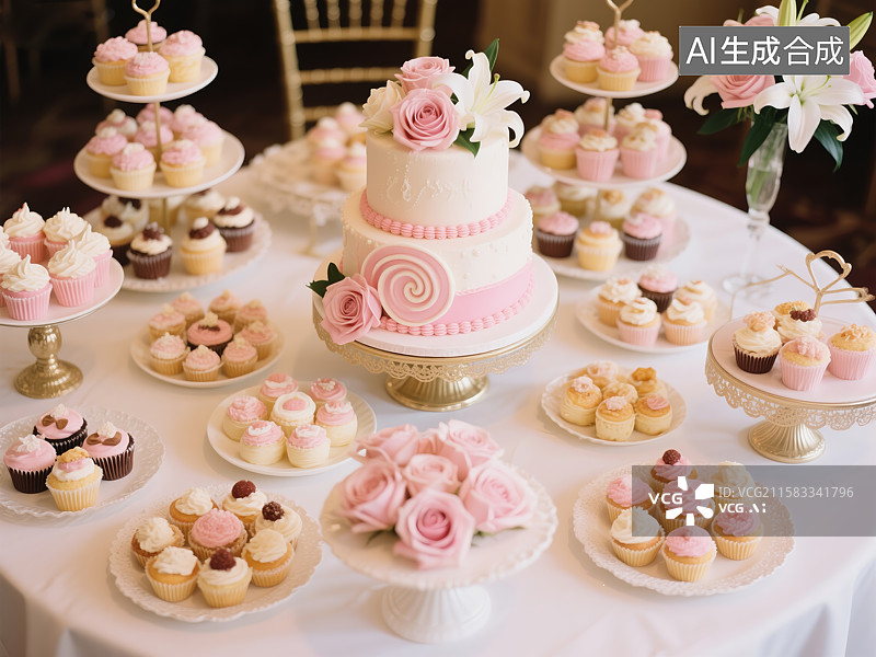 【AI数字艺术】浪漫粉金系婚礼甜品台图片素材