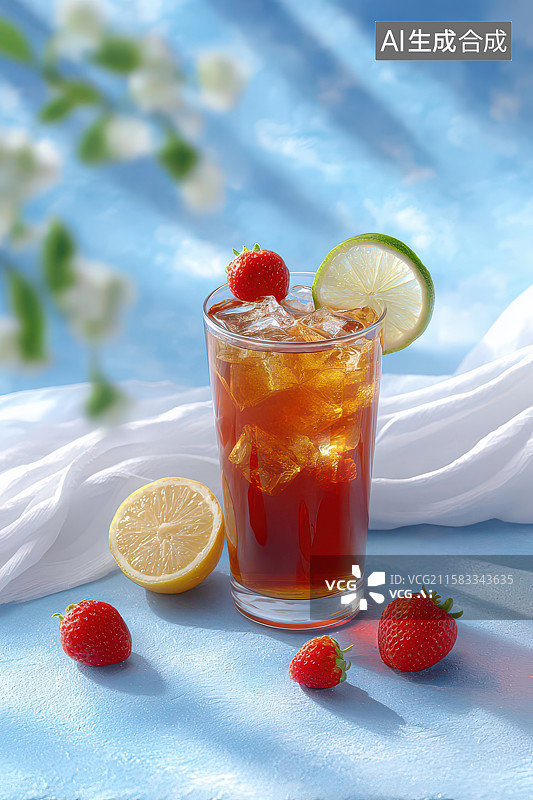 【AI数字艺术】蓝调鸡尾酒配鲜果静物摄影图片素材