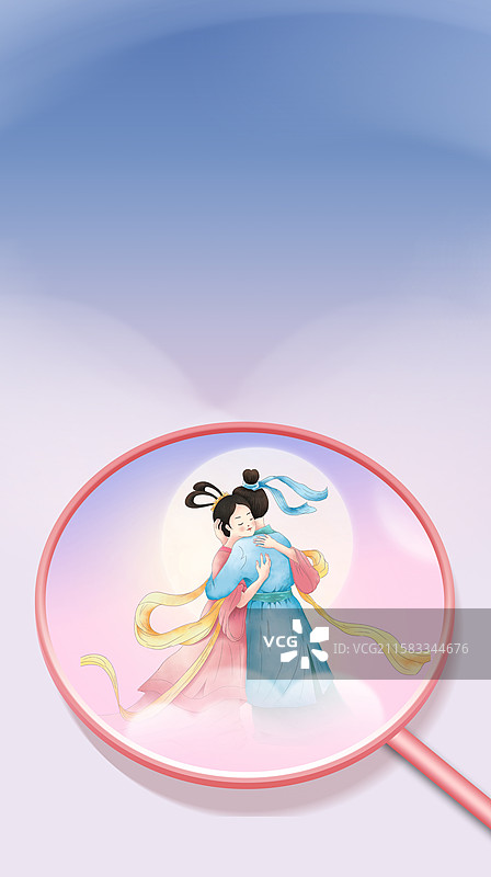 牛郎织女鹊桥相会拥抱 满月下的浪漫场景 古代神话浪漫色彩相会场景 国风插画 团扇扇面 竖版图片素材