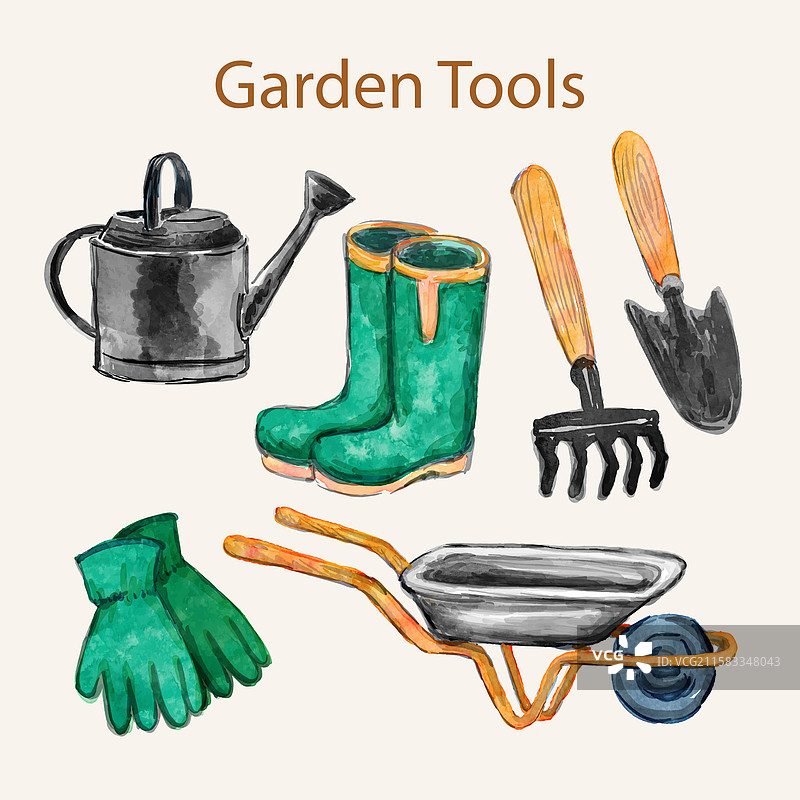 水彩花园工具系列图片素材