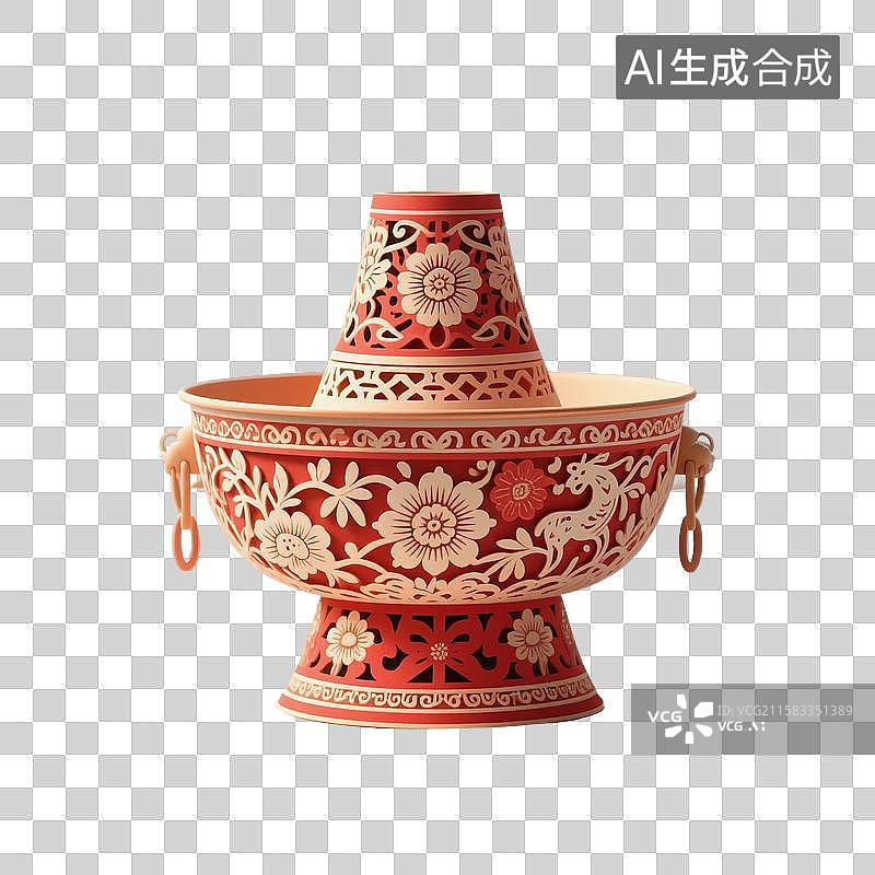 【AI数字艺术】3D渲染，中国风剪纸风格，打边炉，火锅，麻辣火锅，川味火锅，重庆火锅，边炉，中国传统美食，免抠元素图片素材