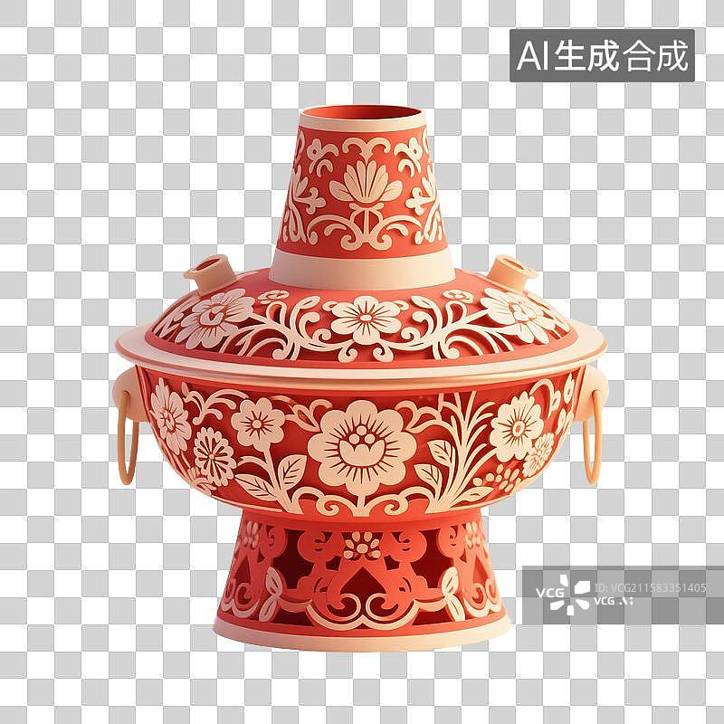 【AI数字艺术】3D渲染，中国风剪纸风格，打边炉，火锅，麻辣火锅，川味火锅，重庆火锅，边炉，中国传统美食，免抠元素图片素材