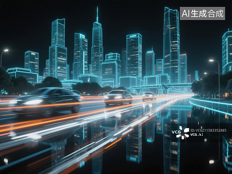 【AI数字艺术】未来城市夜景与车流光影图片素材