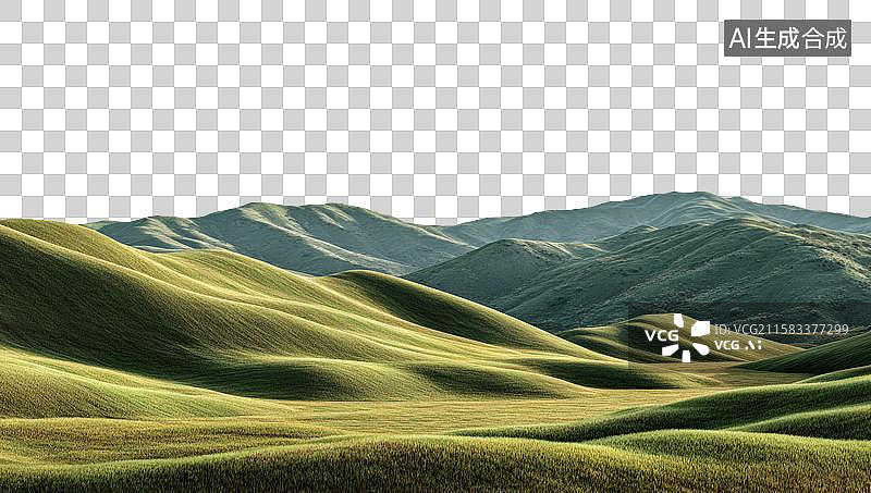【AI数字艺术】清晨柔和阳光下的起伏绿色丘陵图片素材