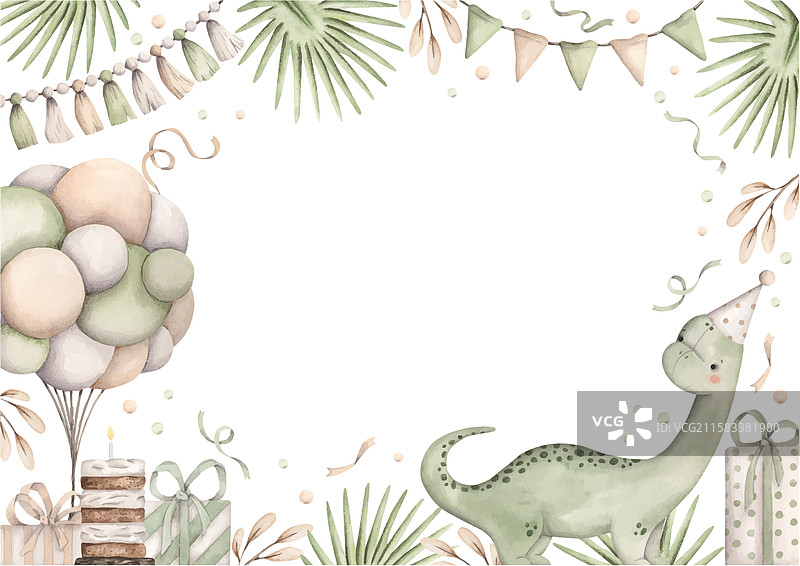 恐龙生日派对水彩手绘图片素材
