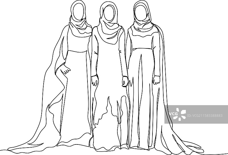 三位身穿国家服饰的阿拉伯女性，佩戴着头巾和传统服装。图片素材