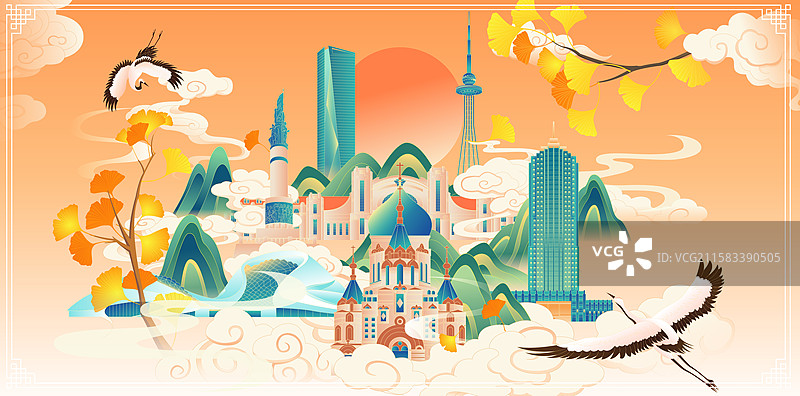国风秋天节气哈尔滨城市建筑矢量插画图片素材