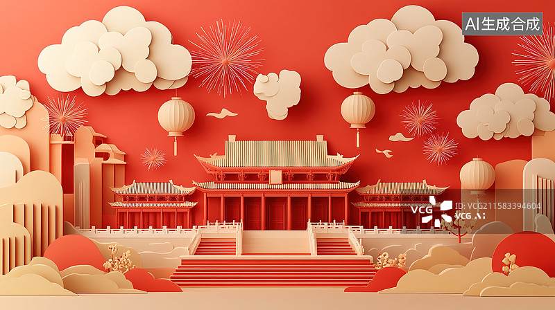 【AI数字艺术】喜庆红色背景下的中国传统门楼和烟花图片素材