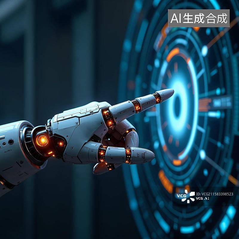 【AI数字艺术】机械手臂指向未来科技界面图片素材