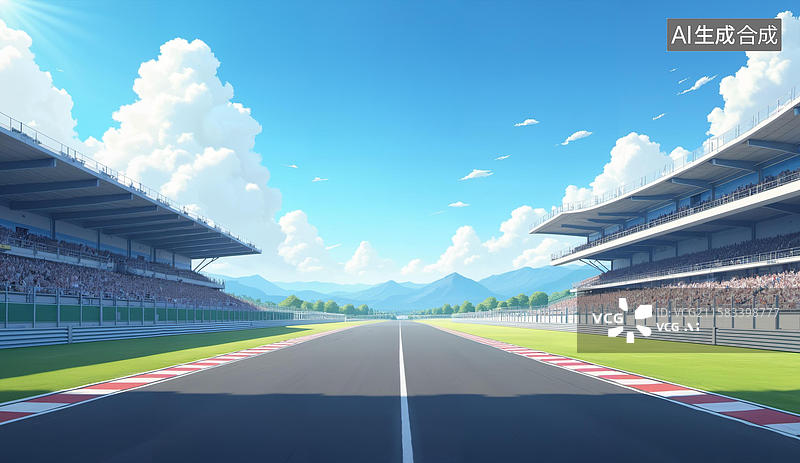 【AI数字艺术】赛道视角：观众席与蓝天下的赛车道图片素材