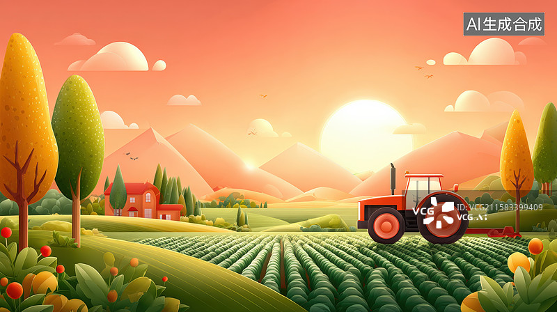 【AI数字艺术】清晨田野里的卡通拖拉机图片素材