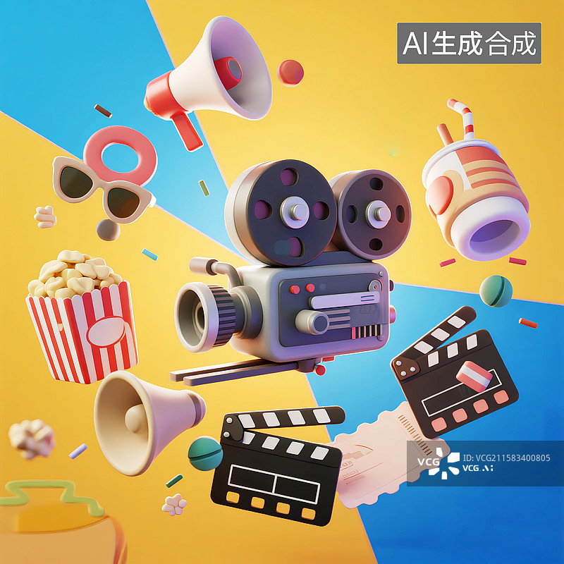【AI数字艺术】卡通3d场记板电影摄像机影视图标图片素材