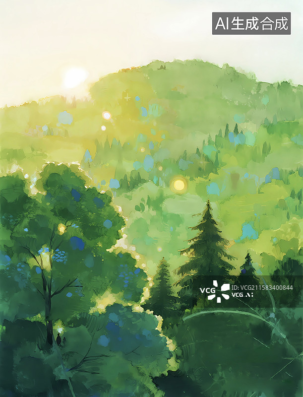 【AI数字艺术】水彩清新森林自然景观插画背景图片素材