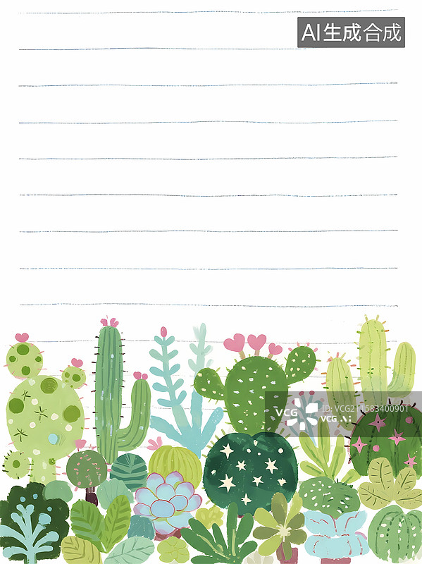 【AI数字艺术】清新自然卡通仙人掌手绘信纸格子笔记本图片素材