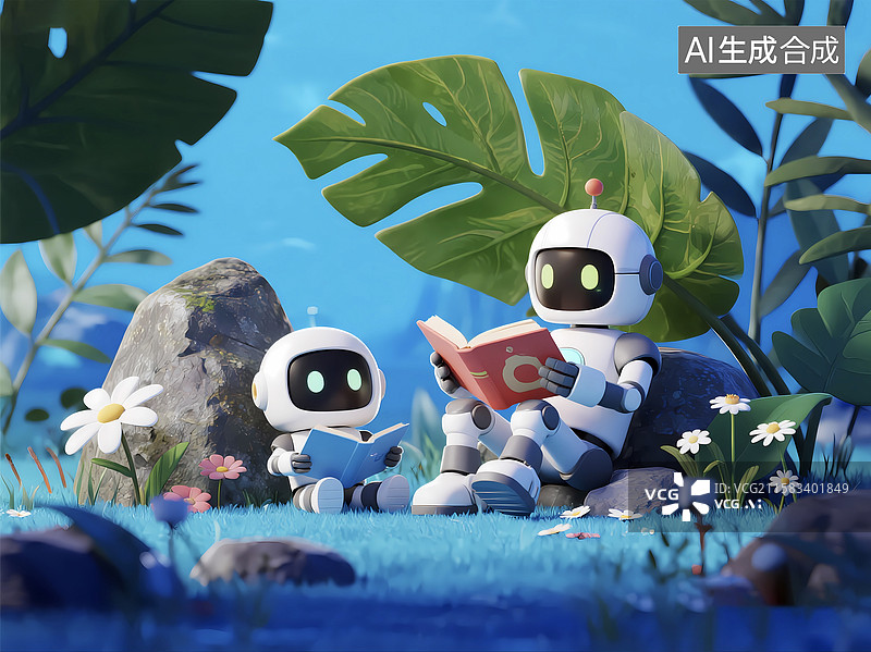 【AI数字艺术】夜晚陪伴儿童讲故事的人工智能机器人图片素材