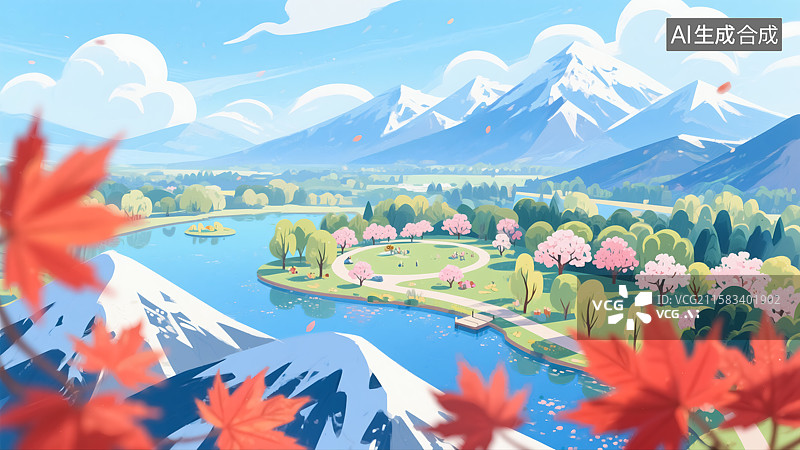 【AI数字艺术】秋天枫叶雪山插画图片素材