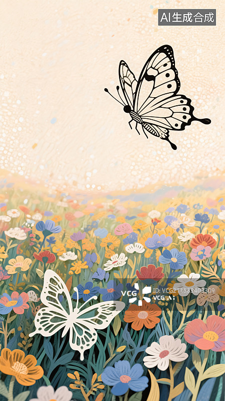 【AI数字艺术】花丛蝴蝶插画图片素材