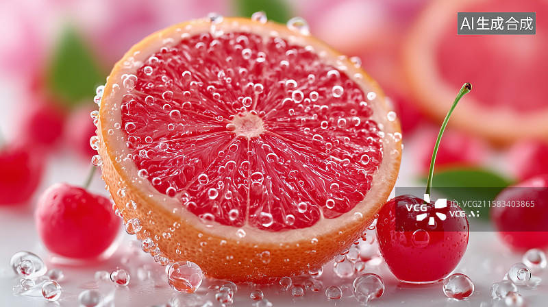 【AI数字艺术】切开的橙子与葡萄柚冰块点缀图片素材
