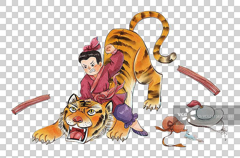 手绘水彩水浒传之武松景阳冈打虎免抠元素图片素材